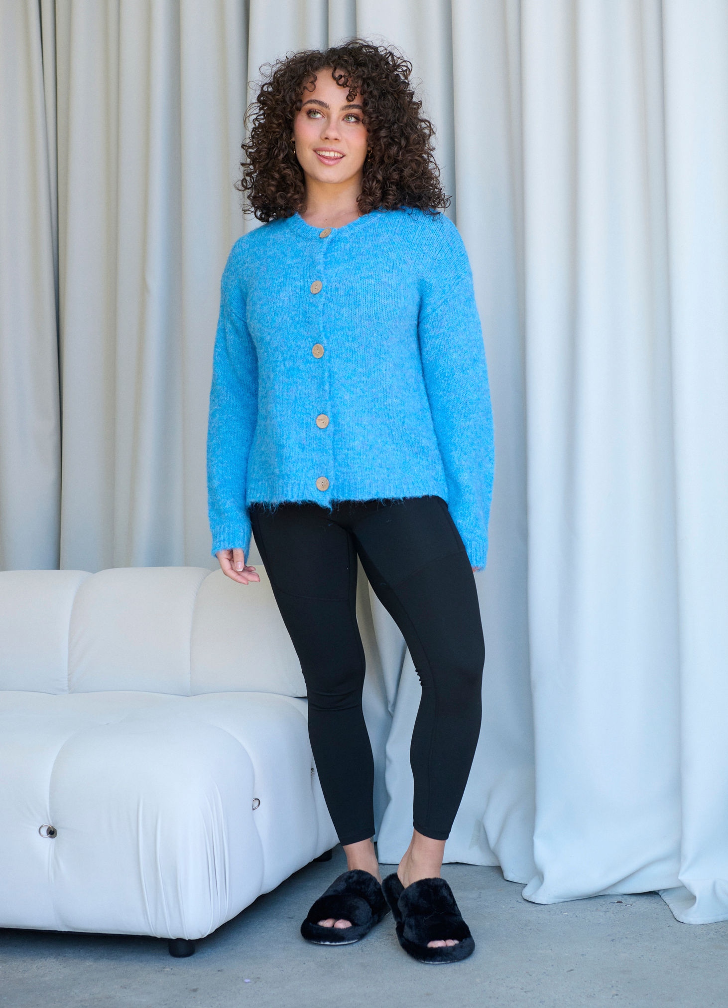 Fluffy Button Through Cardigan in Azure