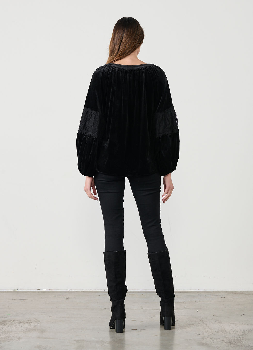 Thumbnail: Velvet Blouse with Lace Inserts in Black