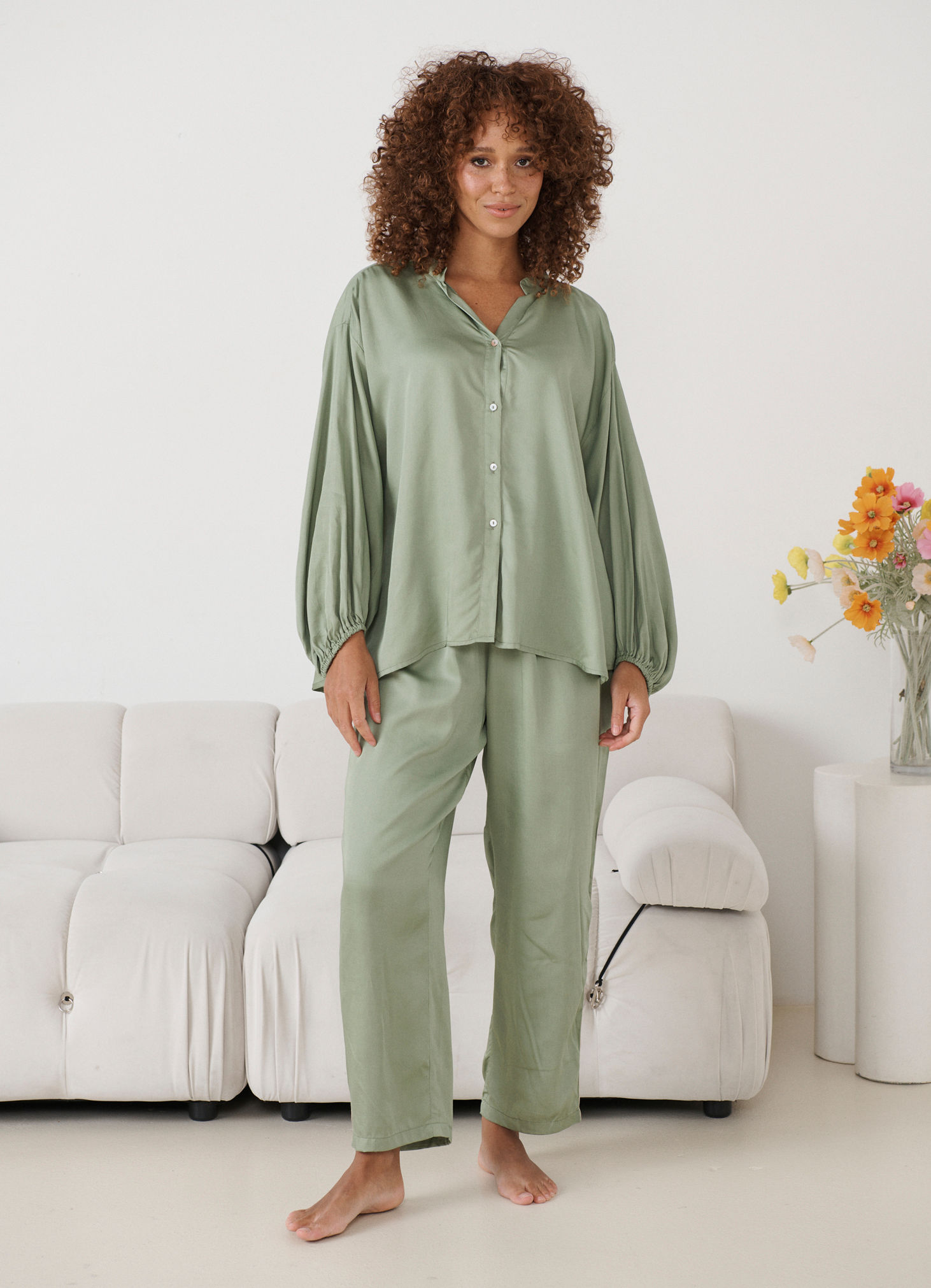 Oversized Blouse with Elastic Cuffs in Sage