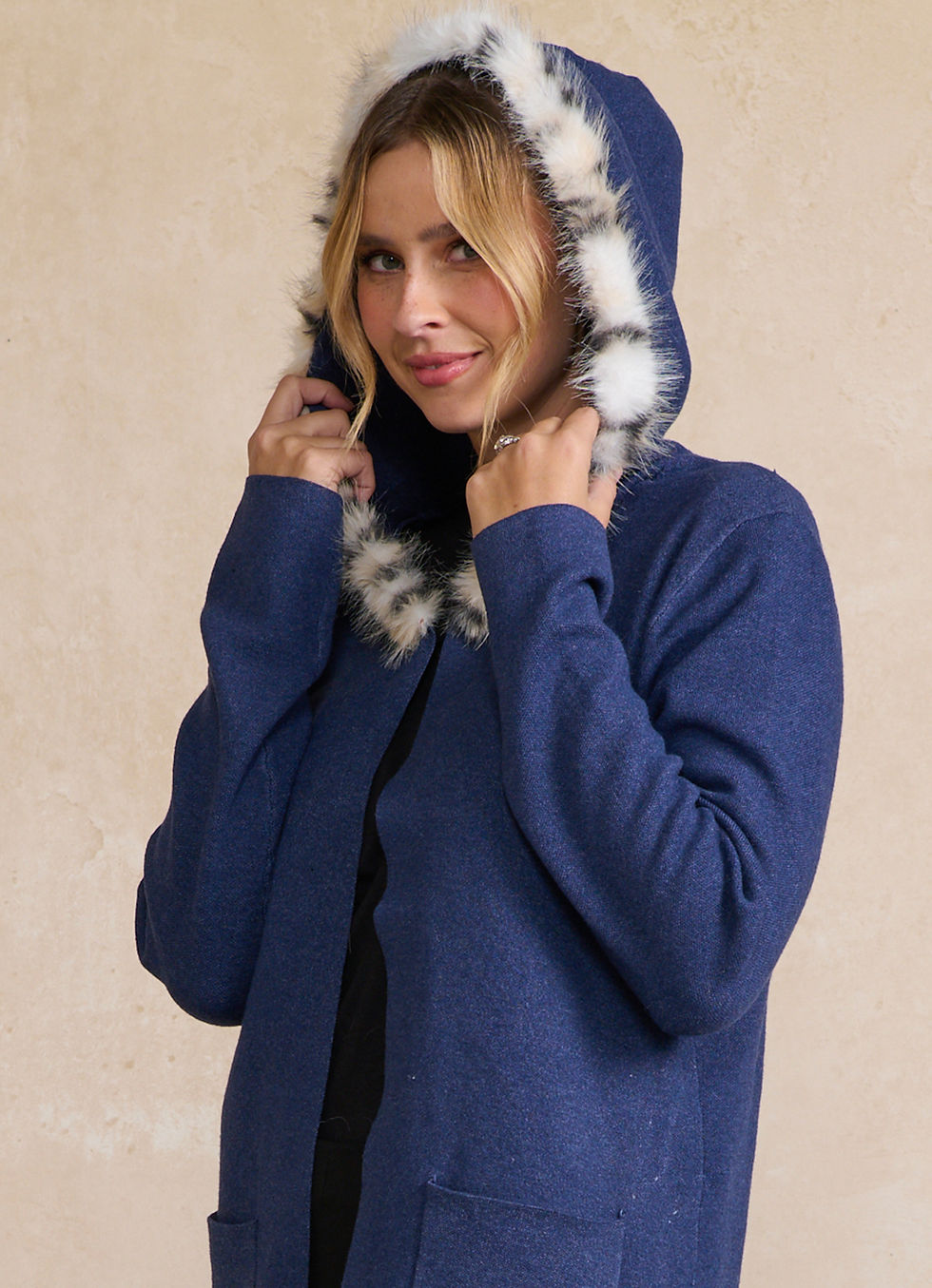 Thumbnail: Coat with Faux Fur Trimmed Hood in Blue