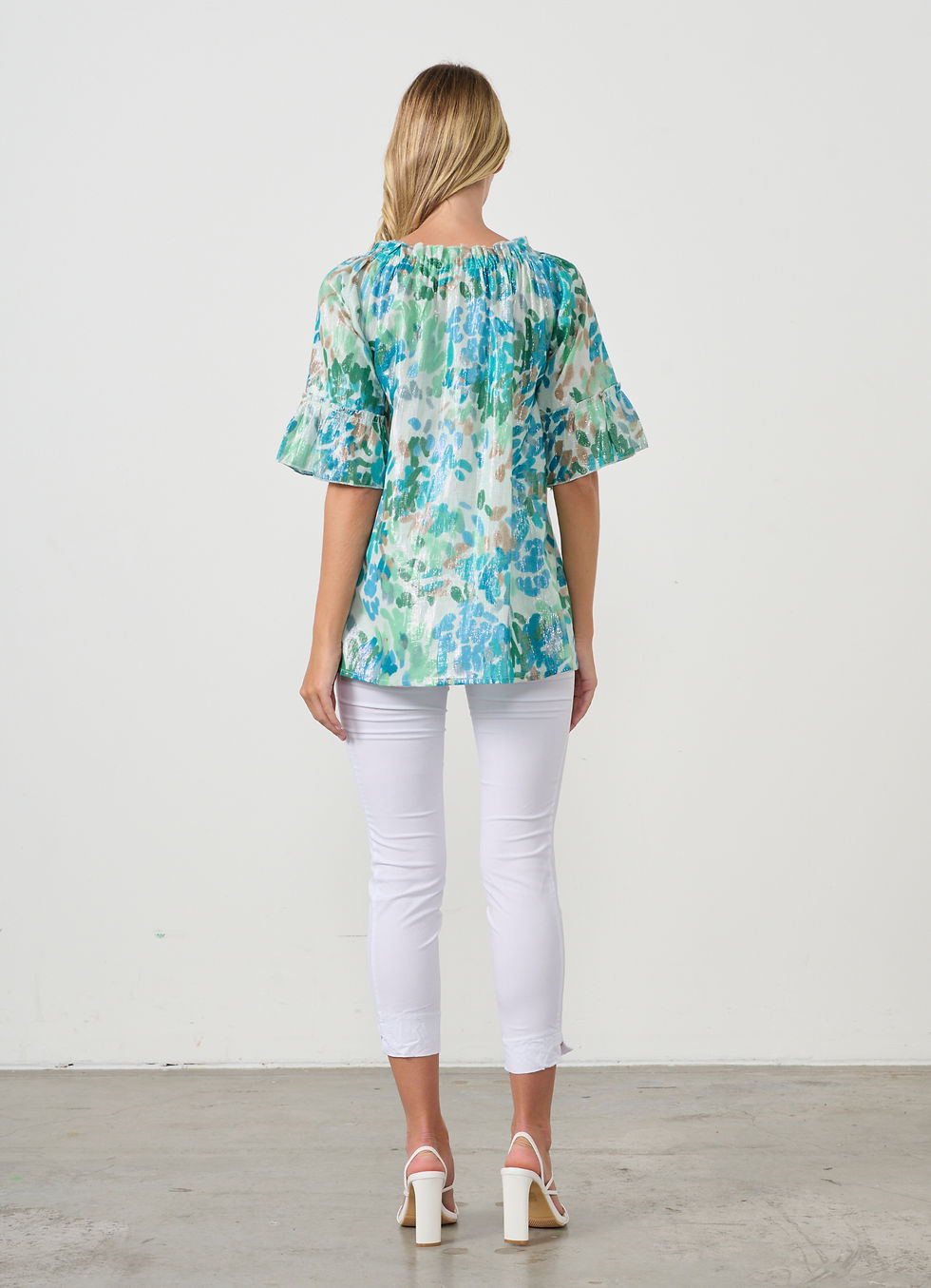 Thumbnail: Sparkle Top with Elastic Neckline in Aqua