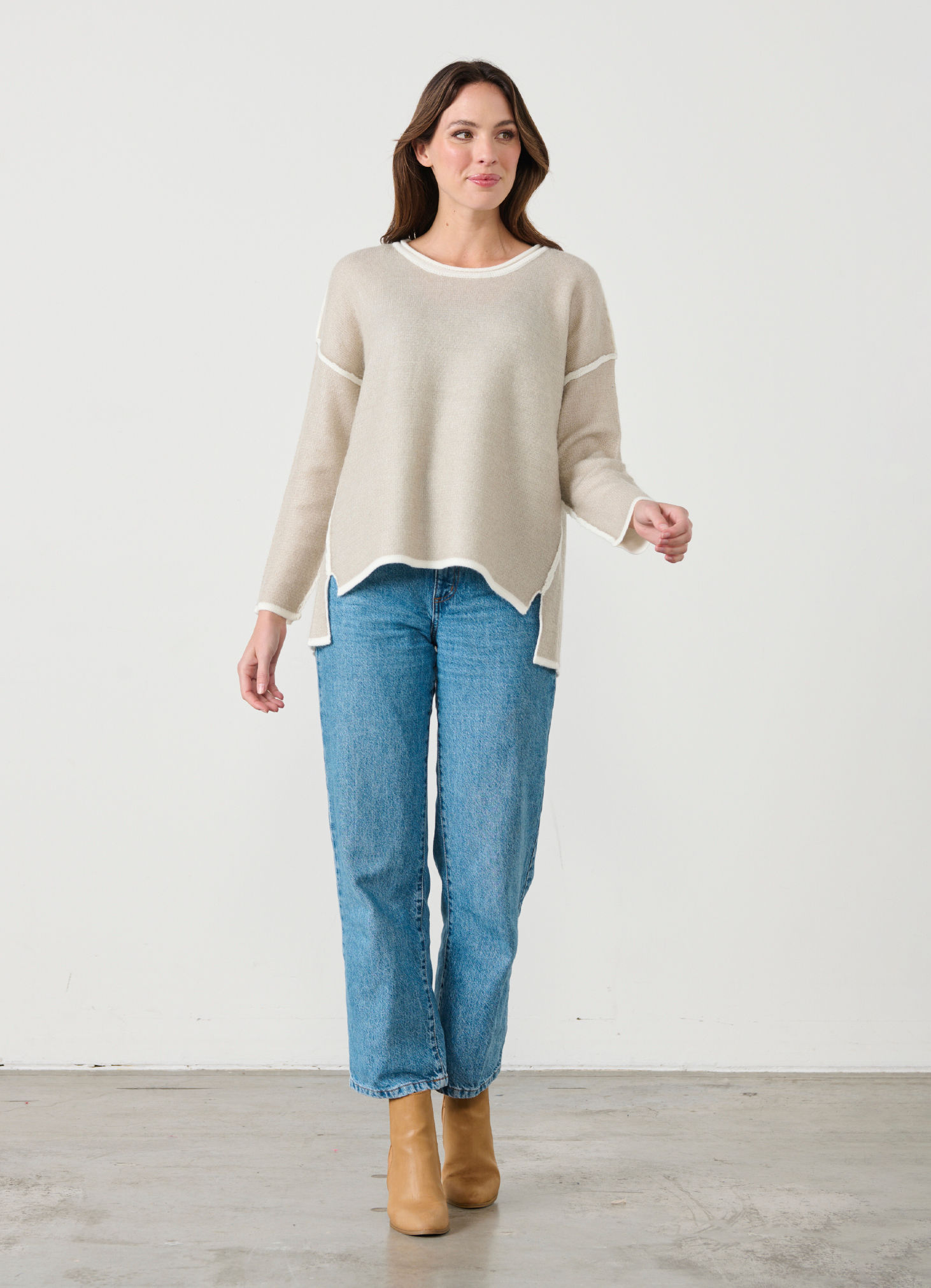 Outlined & Split Hem Jumper in Stone