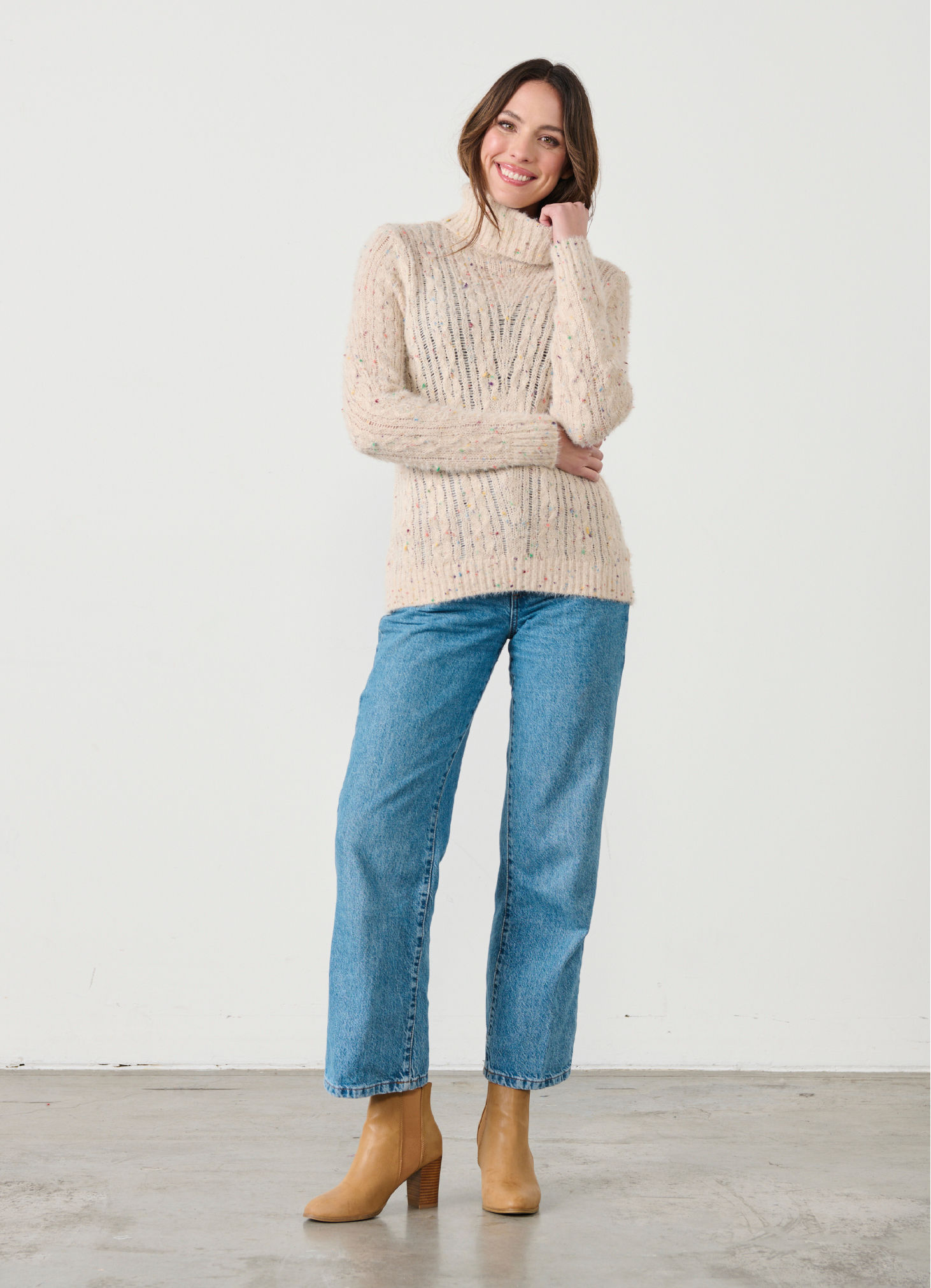 Roll Neck Cable Knit Jumper in Beige