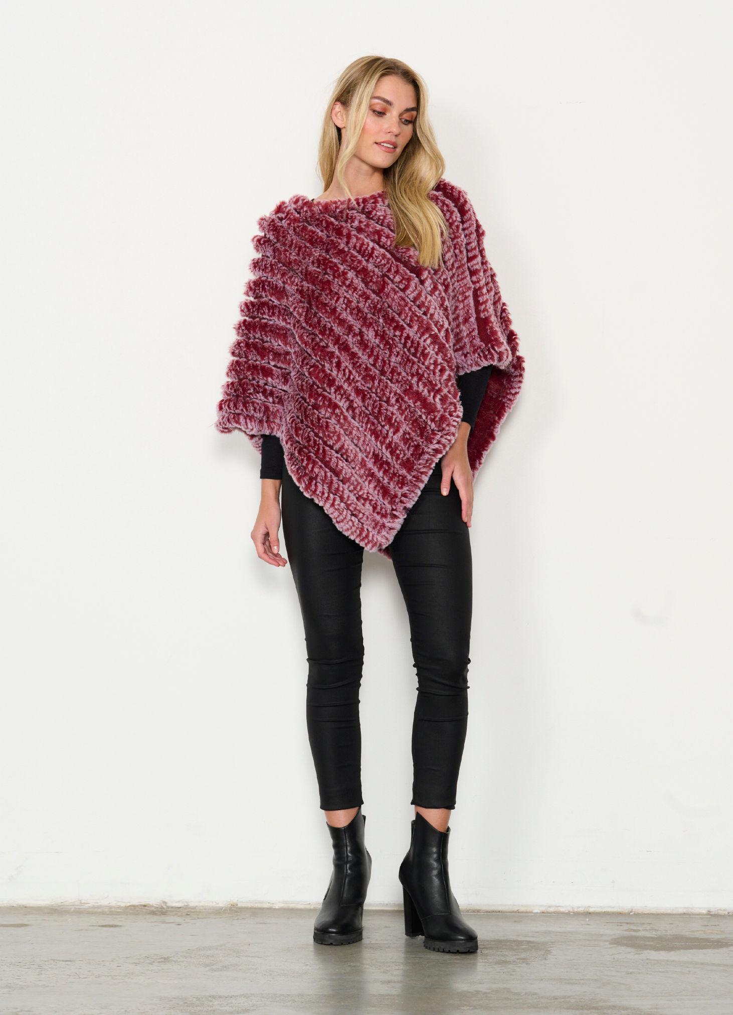 Faux Fur Poncho in Berry