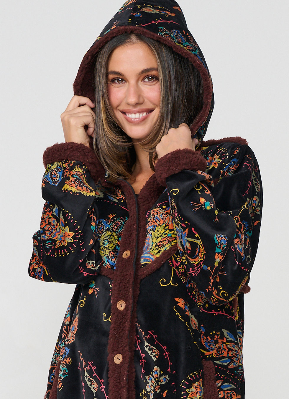Thumbnail: Sparse Paisley Print Coat With Removeable Hood in Black