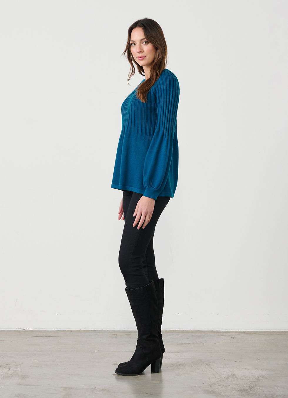 Thumbnail: Half Rib Knit and Puff Sleeve Top in Blue