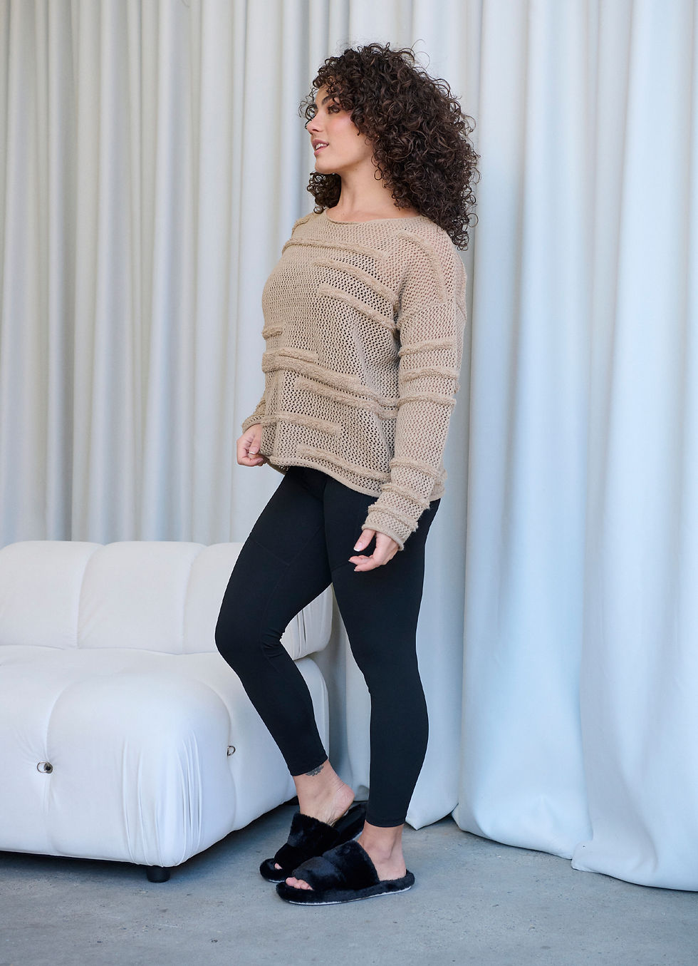 Thumbnail: Terry Net Knit Jumper in Biscuit