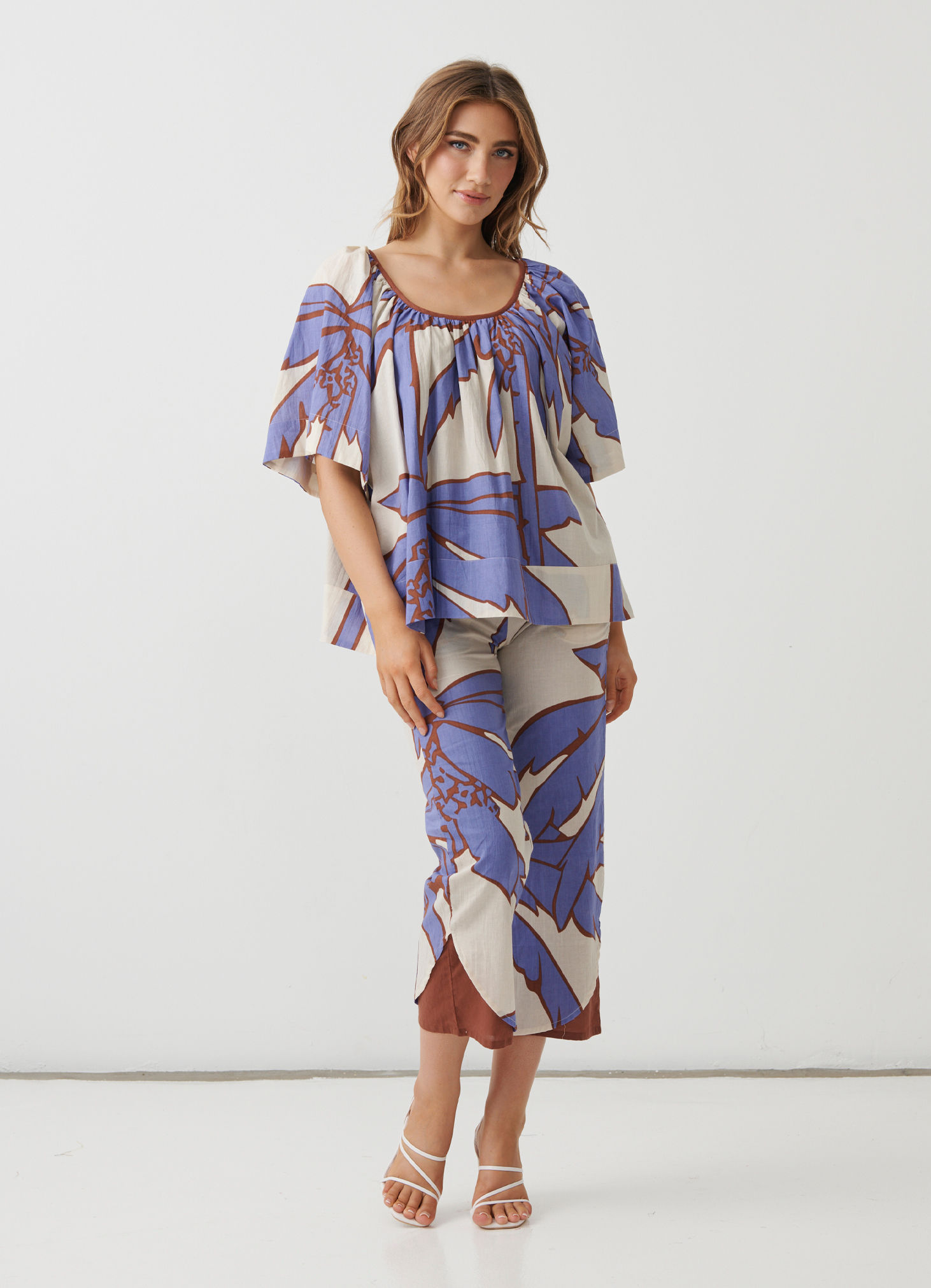 Lilac Palms Blouse with Gathered Round Neck