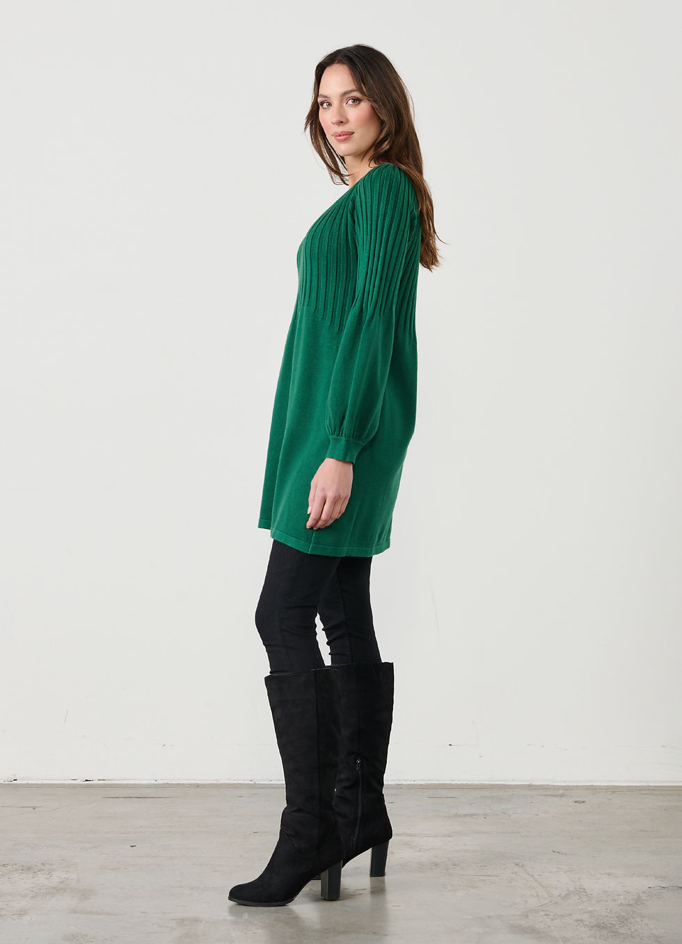 Thumbnail: Half Rib Knit and Puff Sleeve Tunic in Forest