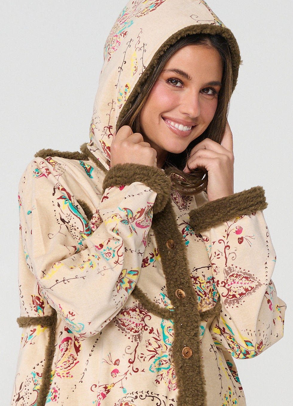 Thumbnail: Sparse Paisley Print Coat With Removeable Hood in Canvas