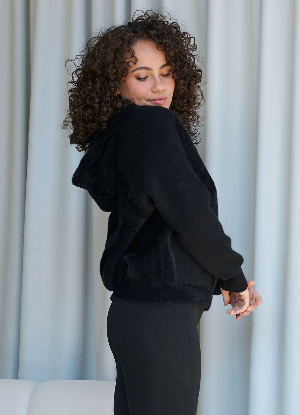Thumbnail: Fluffy Zip Through Hoodie with Rib Sleeve in Black