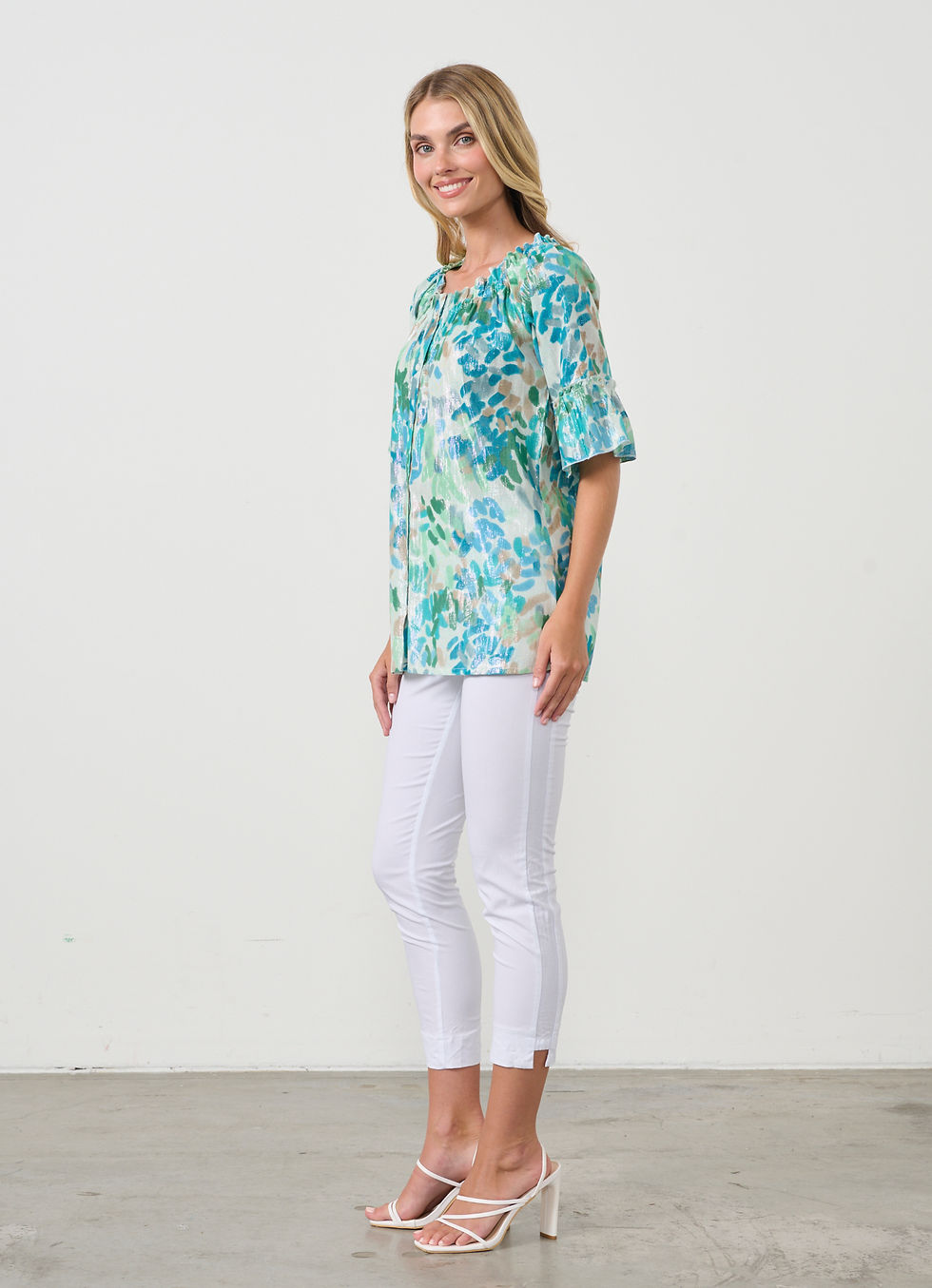 Thumbnail: Sparkle Top with Elastic Neckline in Aqua