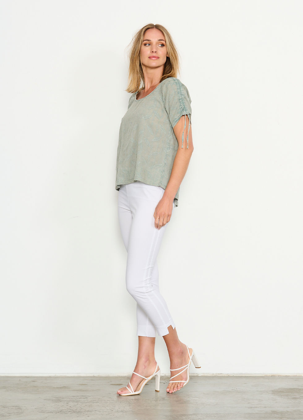Thumbnail: Jacquard Top with Drawstring Sleeves in Stone