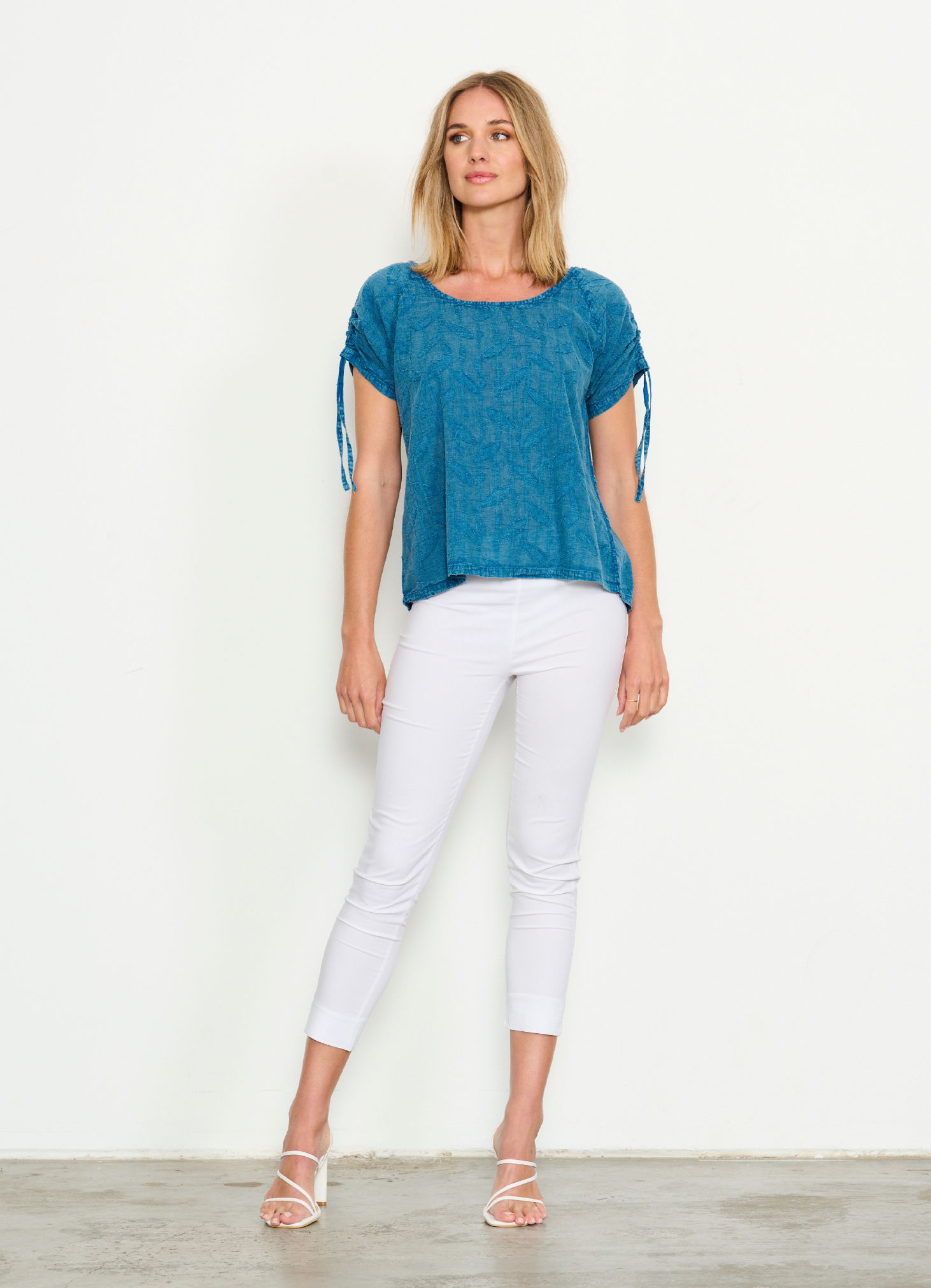Jacquard Top with Drawstring Sleeves in Blue