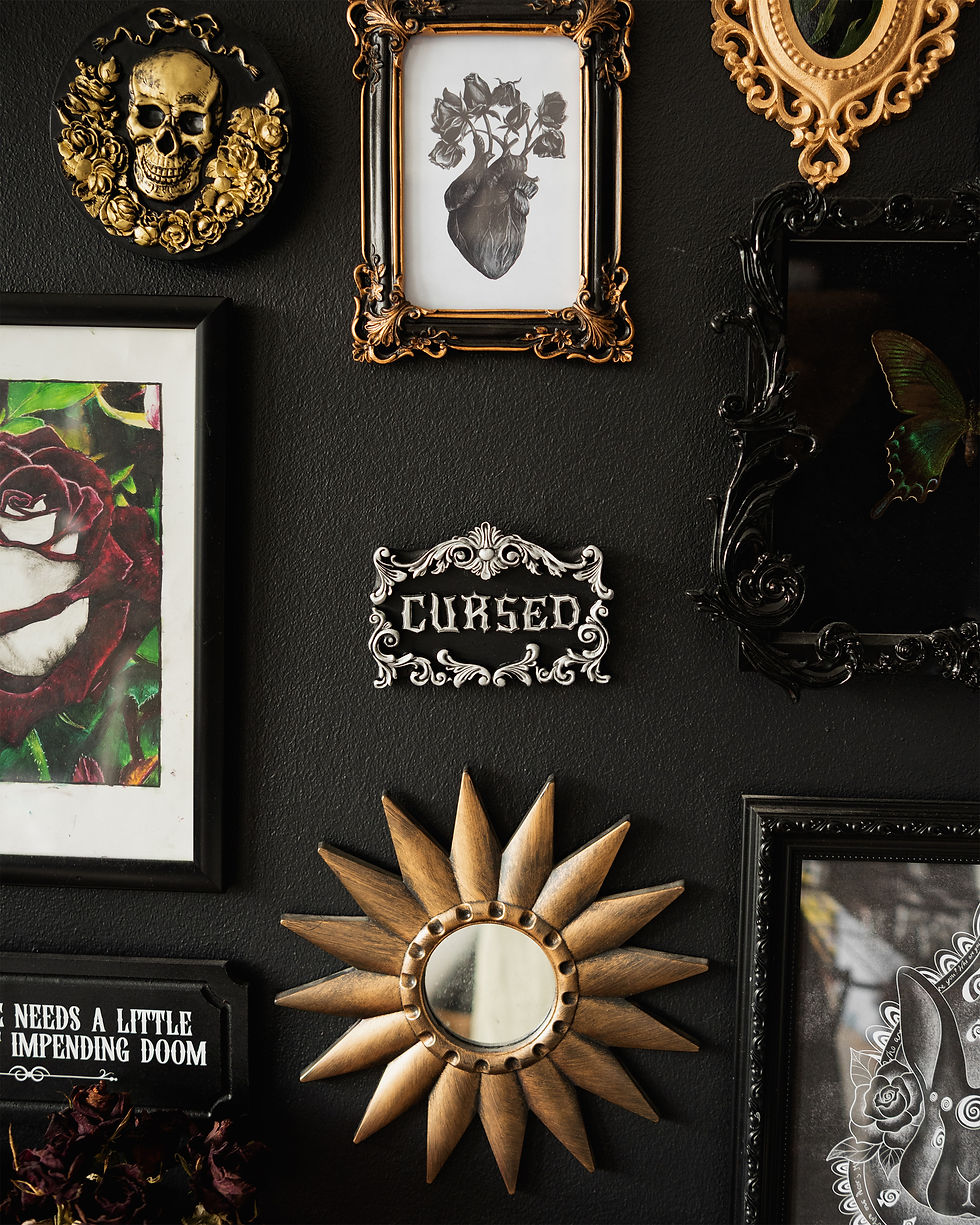 Ornate wall plaque with the text ‘cursed’ in black or forest green with silver or gold detailing for gothic wall decor