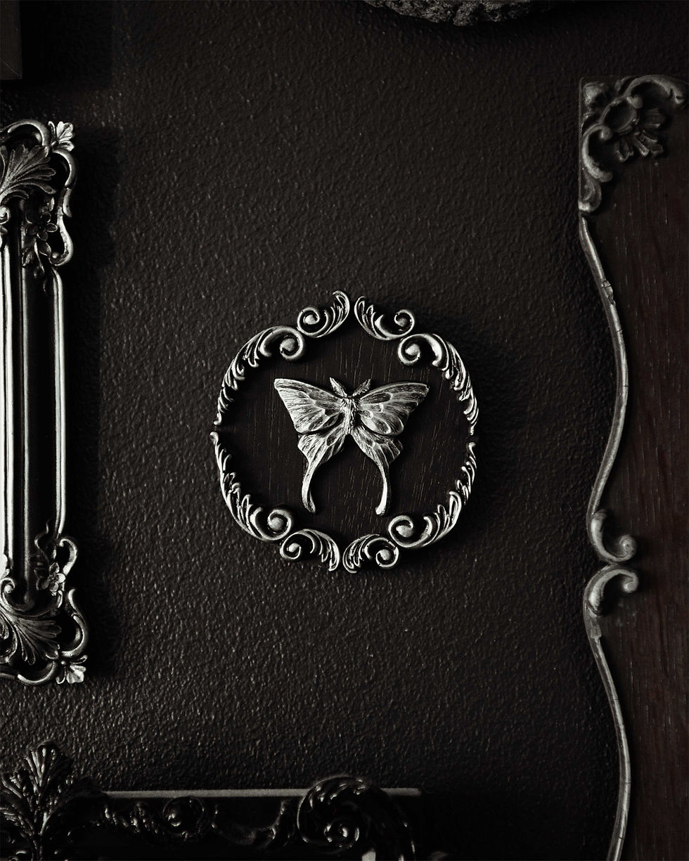 A small round plaque with an ornate, baroque style edge. In the centre is a luna moth style sculpture. Silver or gold finish