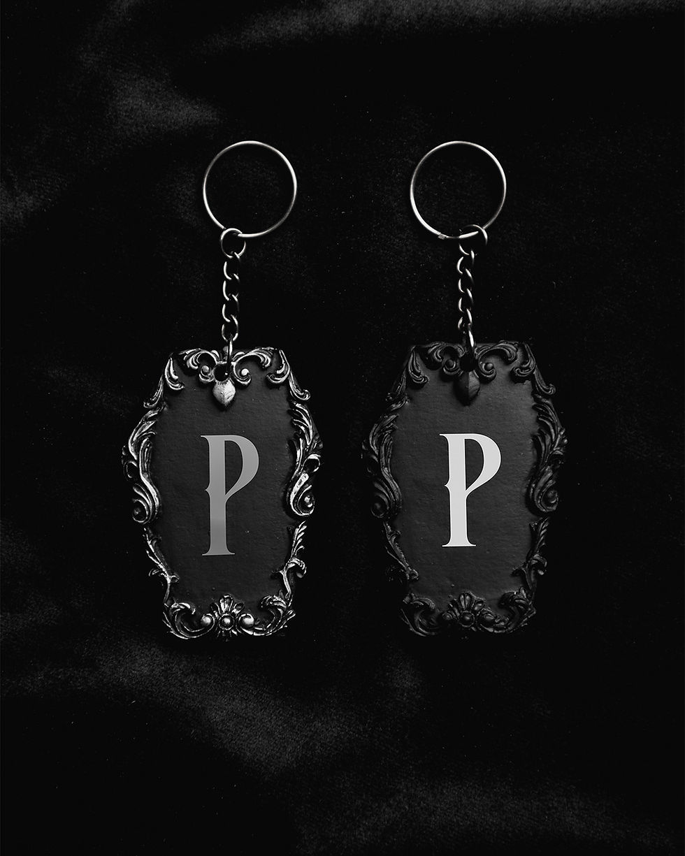 Thumbnail: A pair of 3d ornate coffin keyrings with a black and vintage silver finish. Personalised with an initial in a gothic font