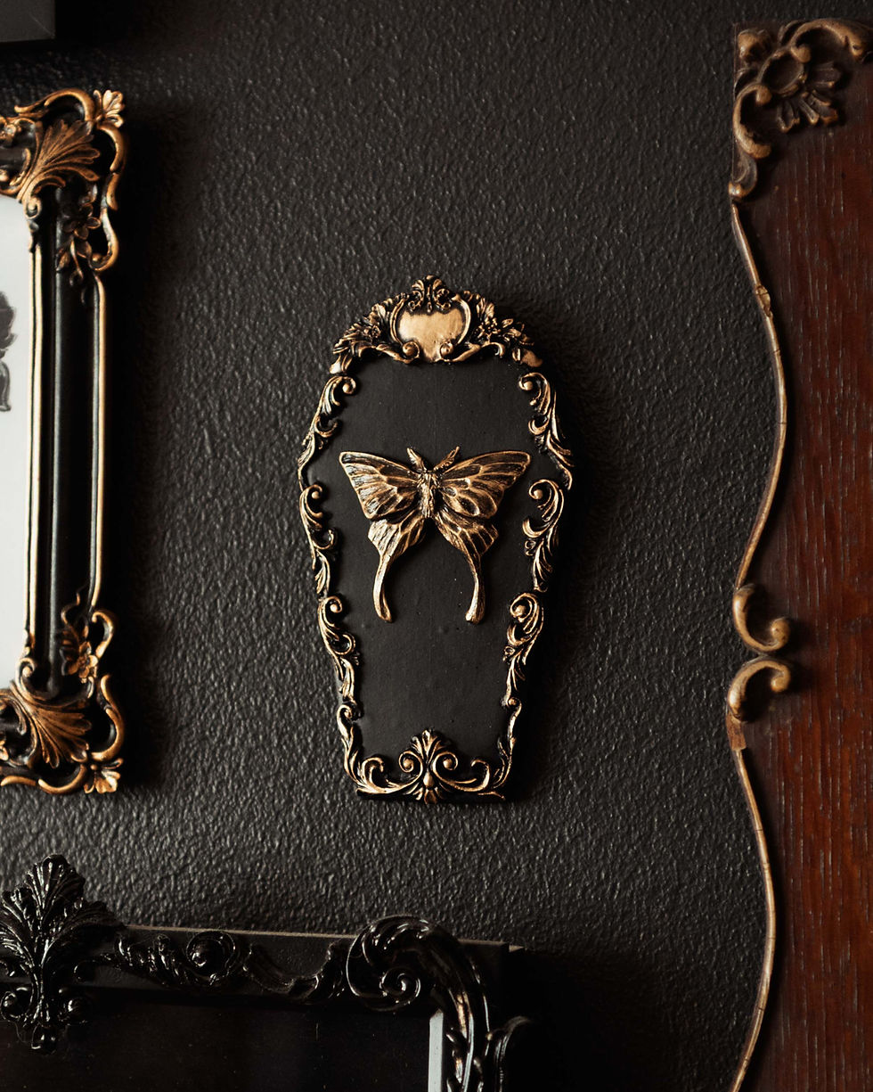 8x14cm coffin-shaped gothic wall hanging with a baroque style border, housing a moth sculpture, available in silver or gold