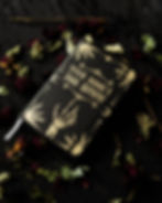 Personalisable gothic style sketchbook in black, with cover design in gold. Front view.