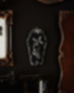 Mini coffin shaped wall decor with a skeleton hand holding a butterfly in an ornate frame. Available in silver or gold.