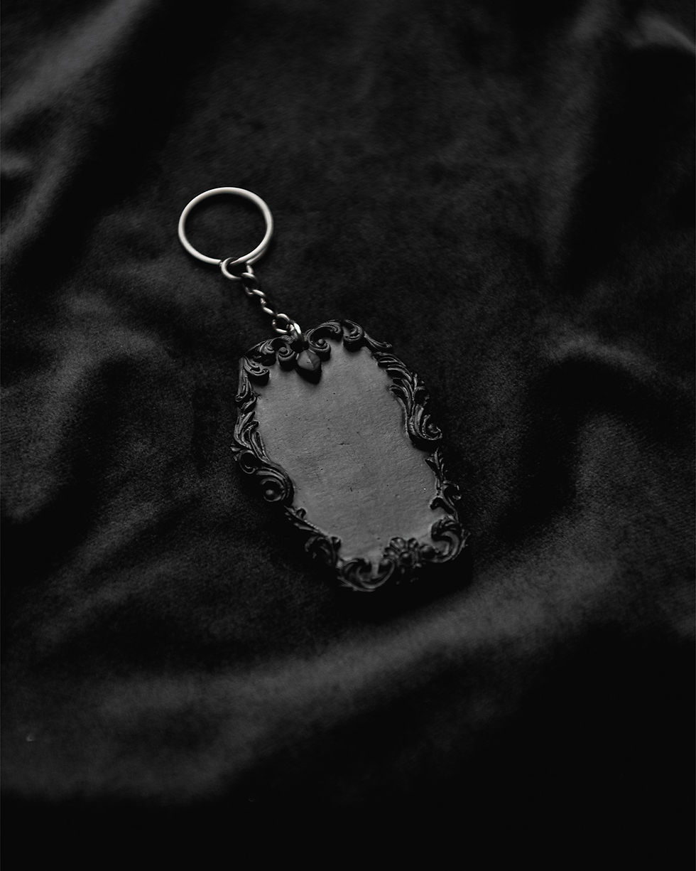 Thumbnail: A 3d, ornate coffin keyring with a matte black finish. Personalise with any initial in a gothic font