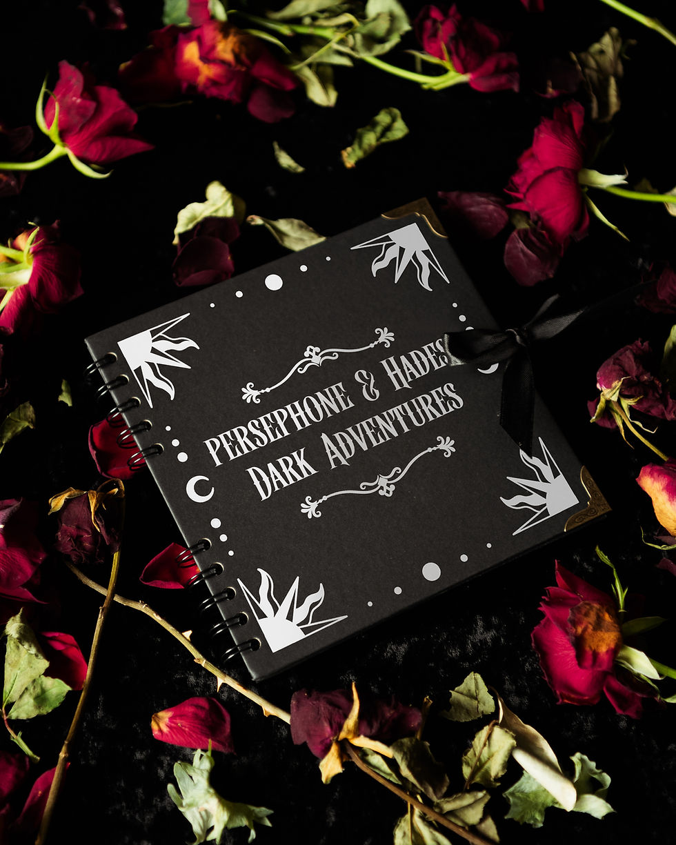 Thumbnail: A black scrapbook with white gothic text and a celestial inspired border that says "Persephone's Dark Adventures"