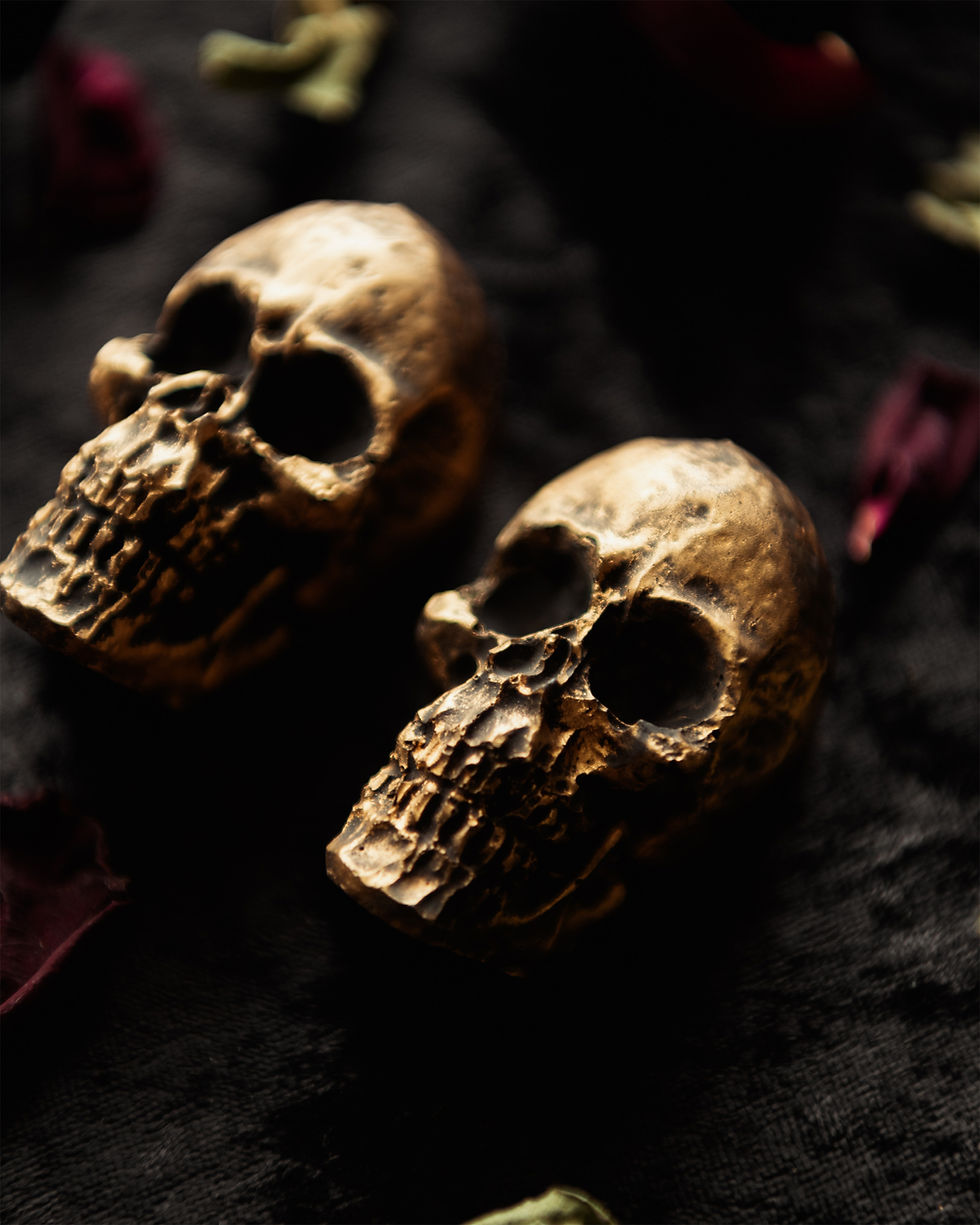 Two antique gold skull magnets on a dark, textured background with scattered dried rose petals.
