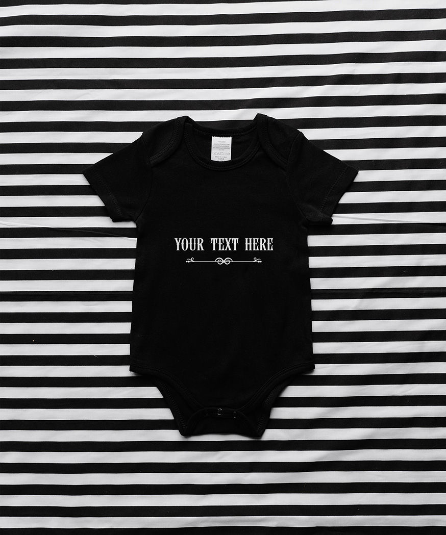 Thumbnail: Black baby vest with a gothic style, customisable text in white with options for gold or silver text.