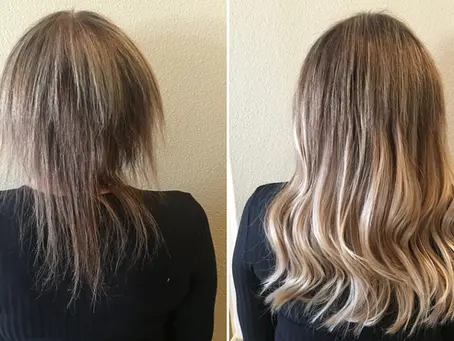 Before and after of a woman's hair transformation, showing short, frizzy hair turned to long, smooth, wavy locks on a light background.