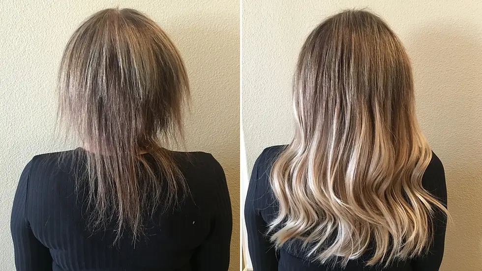 Before and after of a woman's hair transformation, showing short, frizzy hair turned to long, smooth, wavy locks on a light background.