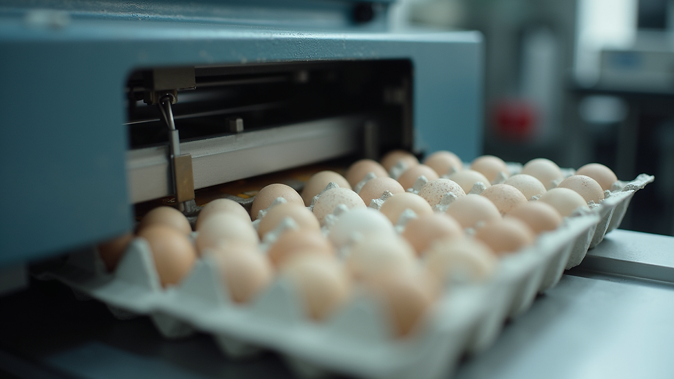 Close-up view of a thermal transfer coding machine printing on egg cartons