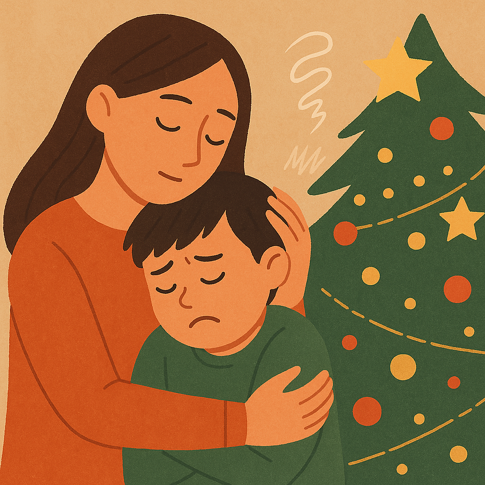 mother embracing her sad child in front of a decorated Christmas tree
