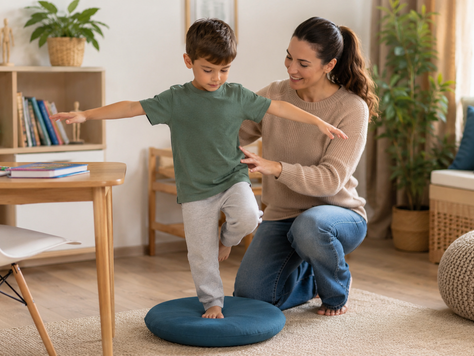 Child balance exercise with therapist support
