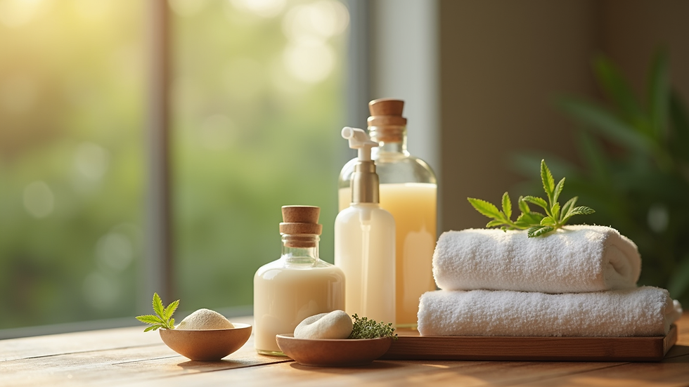 Close-up view of natural spa products arranged on a wooden table