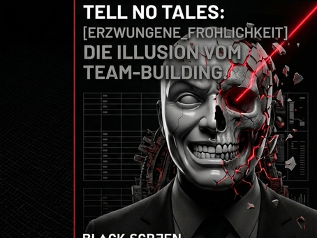 Technische Grafik der BLACK SCREEN DIVISION für den Blogpost VOID_03. Nahaufnahme eines Managers im Anzug mit einer zerbröckelnden Dual-Maske. Die linke Maskenhälfte zeigt ein verzerrtes Motivationslächeln, die rechte zerbröckelt und offenbart einen kybernetischen Totenkopf mit roten Leuchteffekten. Text oben links: [ID: VOID_03 // ERZWUNGENE_FROEHLICHKEIT]. Haupttitel: ‚DEAD MEN TELL NO TALES: [ERZWUNGENE_FROEHLICHKEIT] DIE ILLUSION VOM TEAM-BUILDING.‘