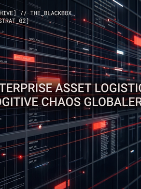 Abstrakte digitale Datenstruktur in Schwarz und Rot mit dem Logo der BLACK SCREEN DIVISION und dem Titel des Blogbeitrags: [ID: STRAT_02] ENTERPRISE ASSET LOGISTICS – Das cognitive Chaos globaler Marken.
