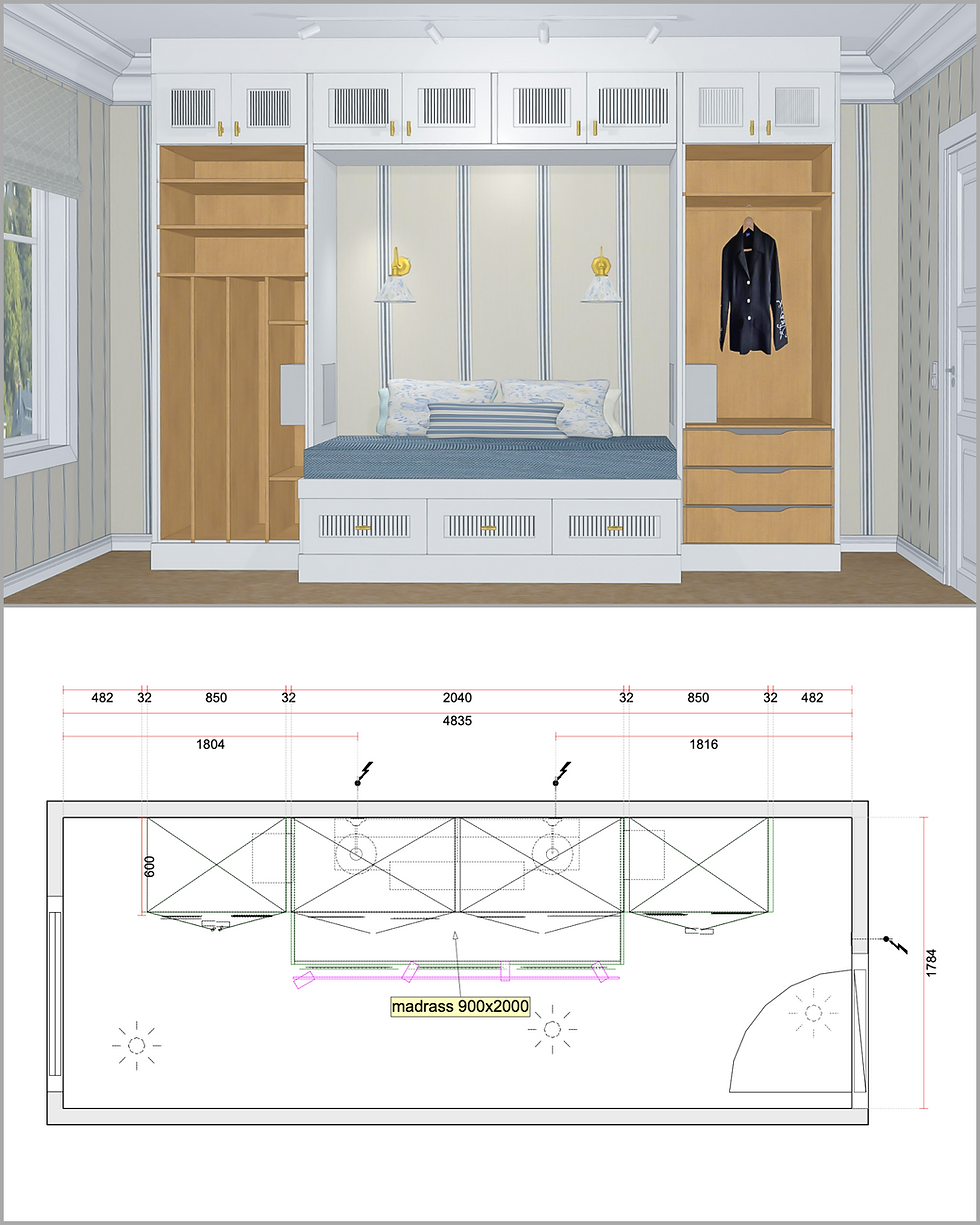 Illustrasjonstegning av innvendig garderobe og målsatt plantegning🙂