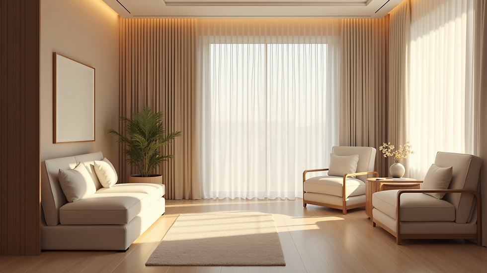 Eye-level view of a serene therapy room with soft lighting and comfortable seating