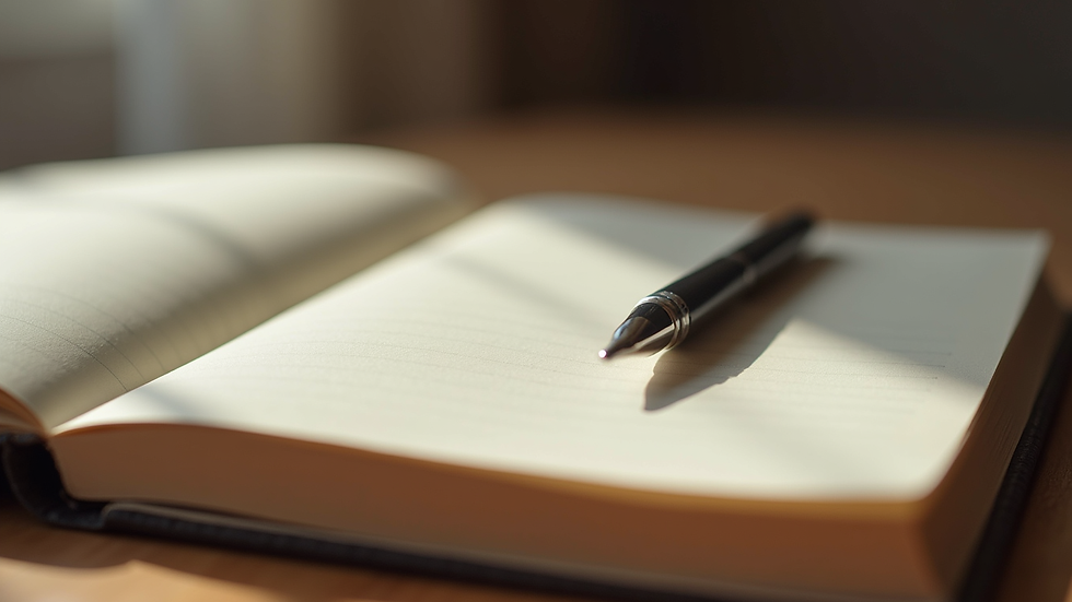 Close-up view of a journal and pen on a wooden table, symbolizing reflection and healing