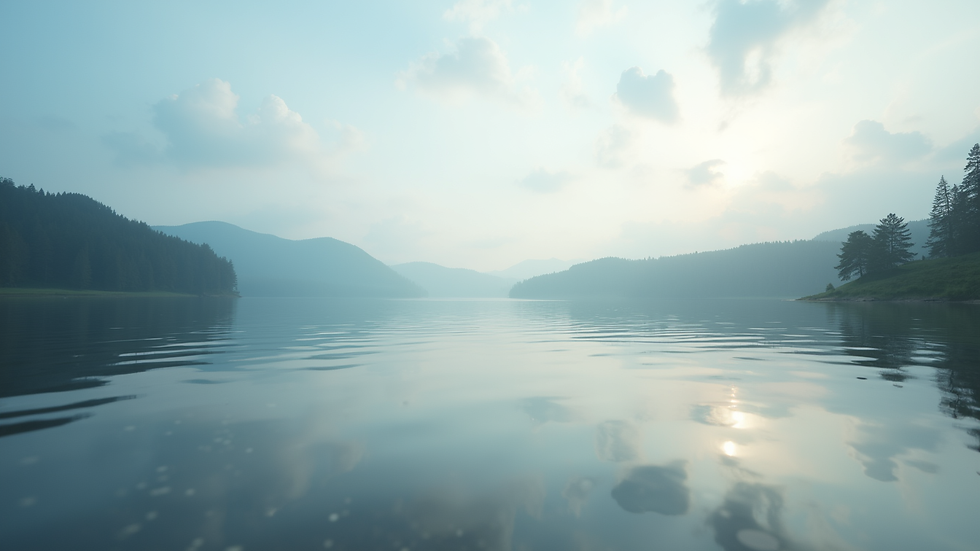 Eye-level view of a quiet lakeside with still water reflecting the sky