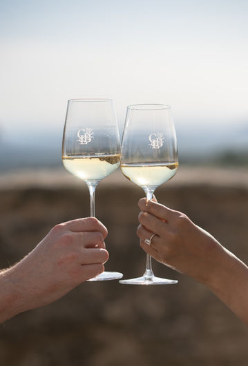 Deux personnes trinquent avec des verres de vin blanc, en extérieur.