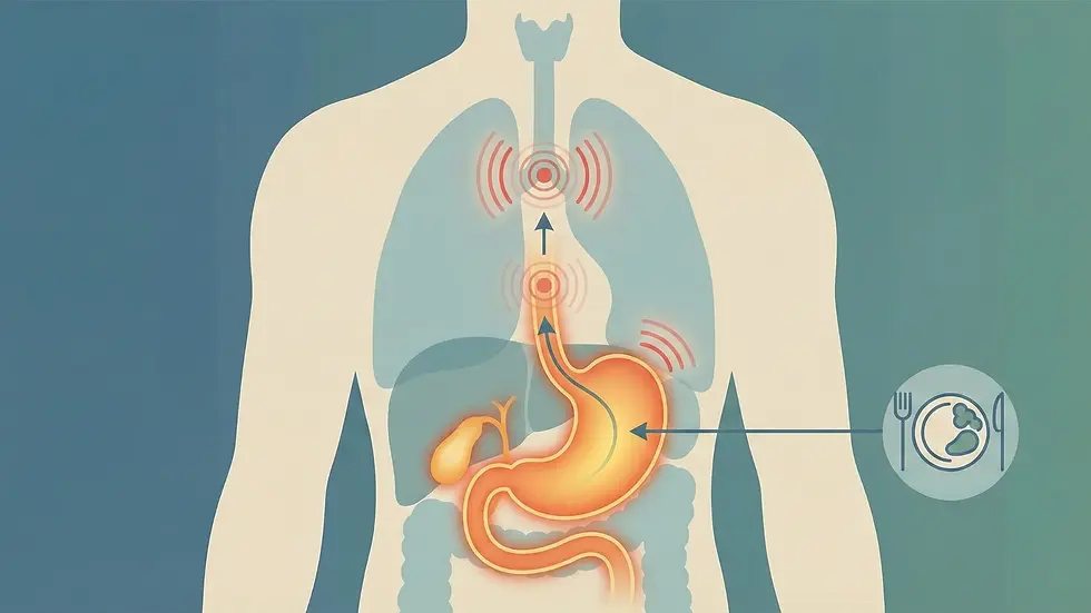 Illustration of a human torso with highlighted organs. Arrows show motion from stomach to throat. Blue and orange hues, food icon on right.