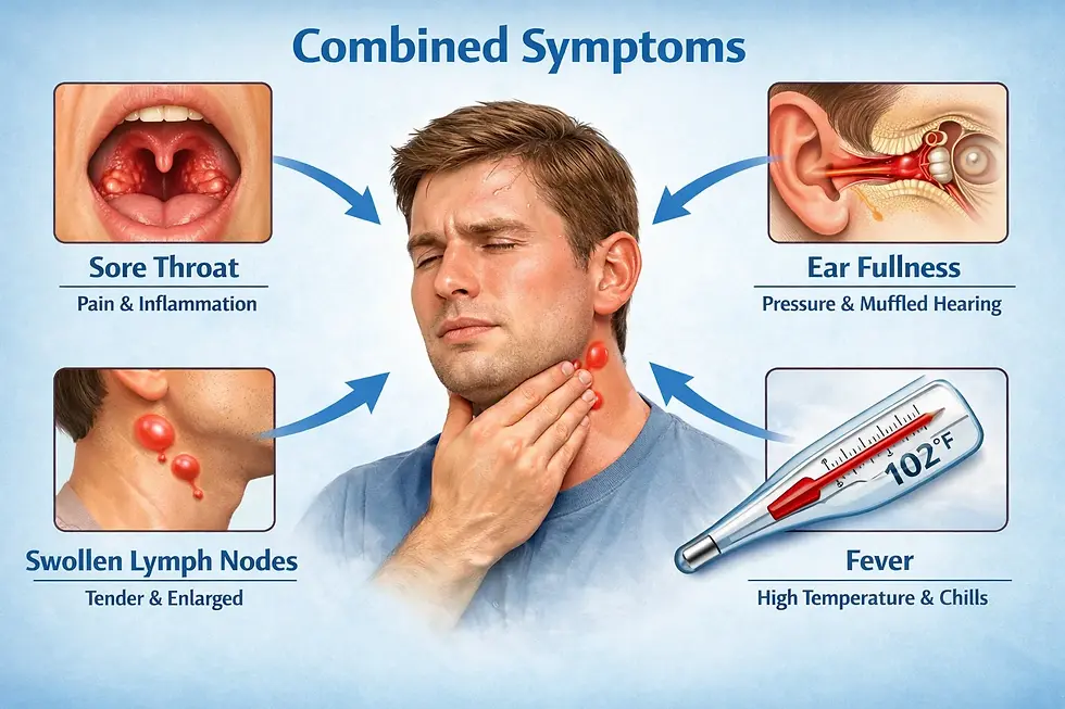Man holding throat with pain, surrounded by symptoms: sore throat, ear fullness, swollen lymph nodes, fever. Blue background, text labels.