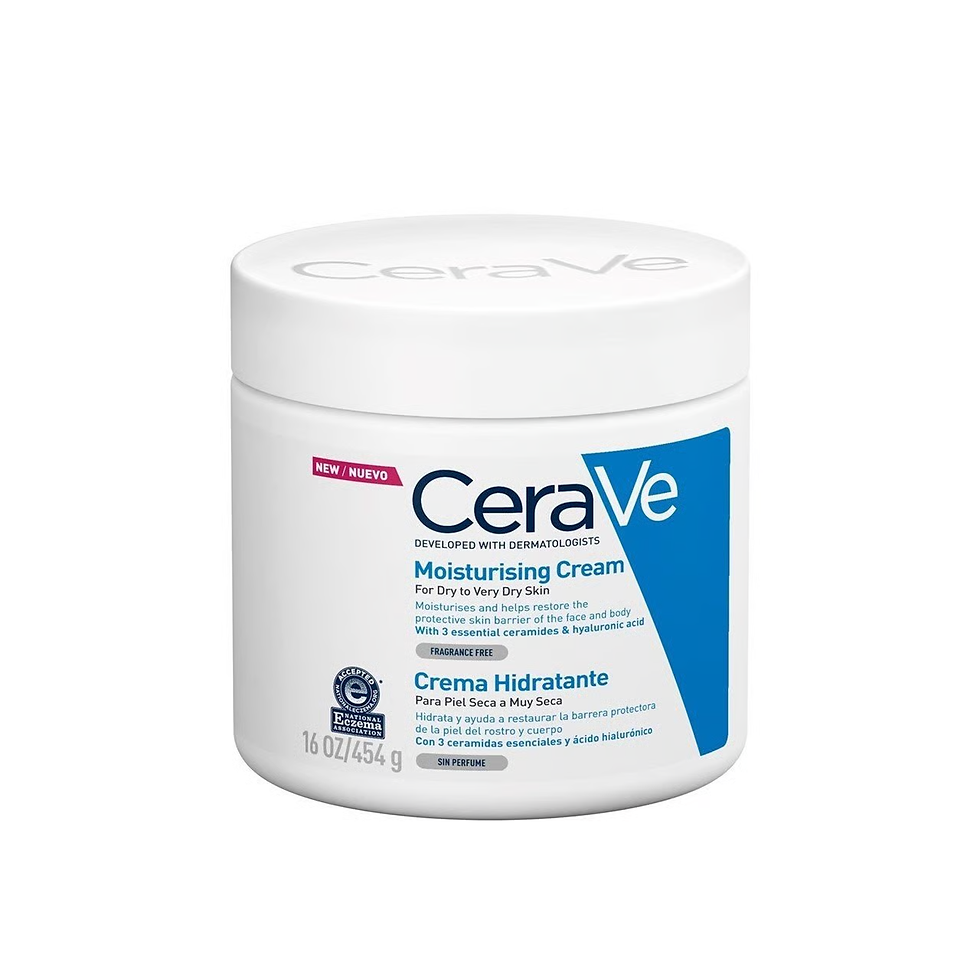 CeraVe Moisturising Cream jar on white background, text describes benefits for dry skin with essential ceramides. Blue and white design.