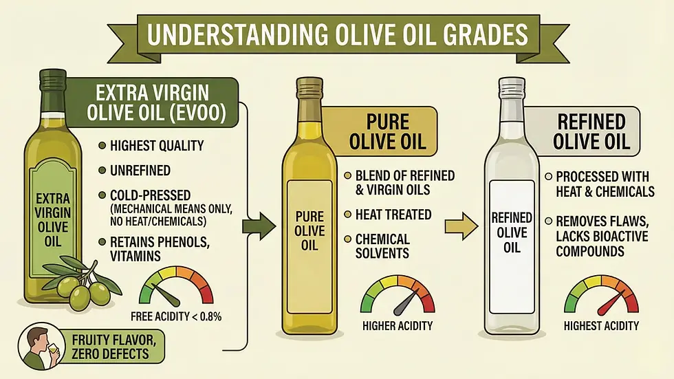 Infographic compares olive oil types: Extra Virgin, Pure, Refined. Shows quality, production methods, acidity levels, and flavor profile.