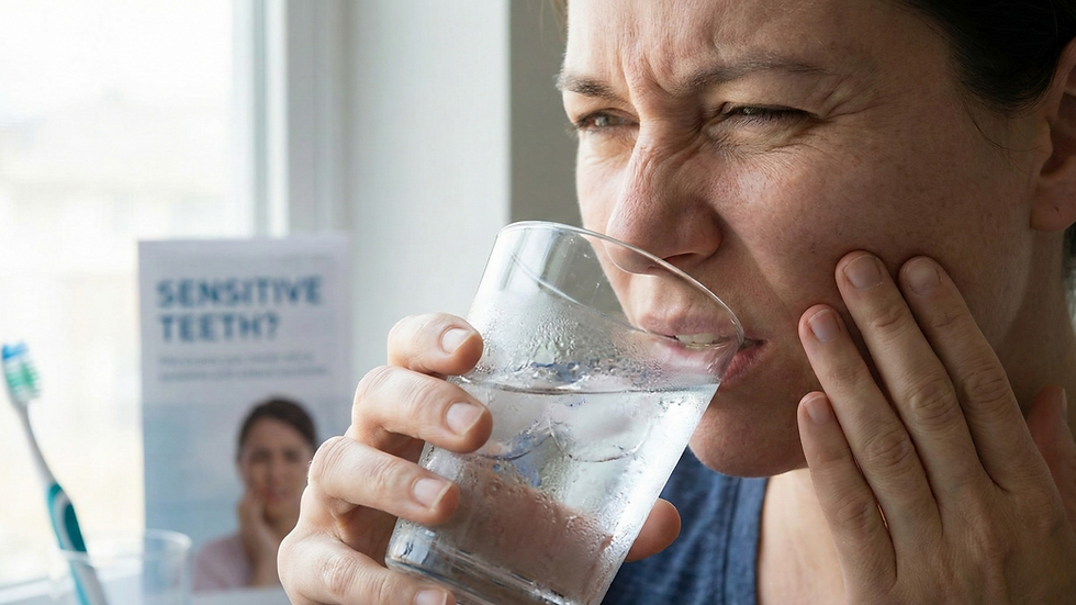 Woman grimacing from tooth sensitivity while drinking ice water, holding her cheek. Blurred "Sensitive Teeth?" ad in background.