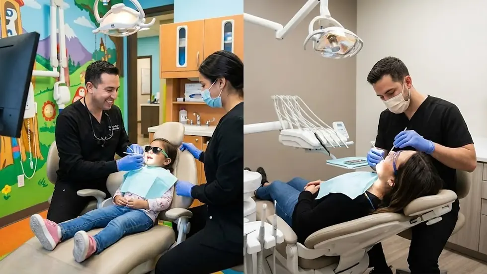 Dentist treating a child in a colorful room and an adult in a neutral room. Both wear dental bibs and sunglasses. Bright and professional settings.