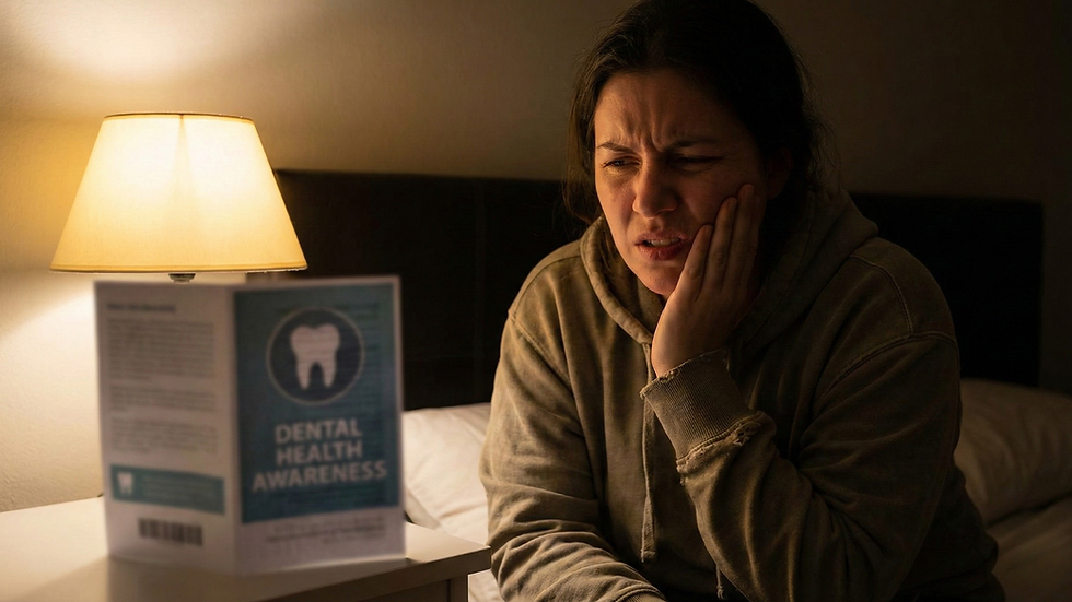Woman in a hoodie sits by lamp, clutching her cheek in pain, looking at a "Dental Health Awareness" brochure on a nightstand. Dimly lit room.