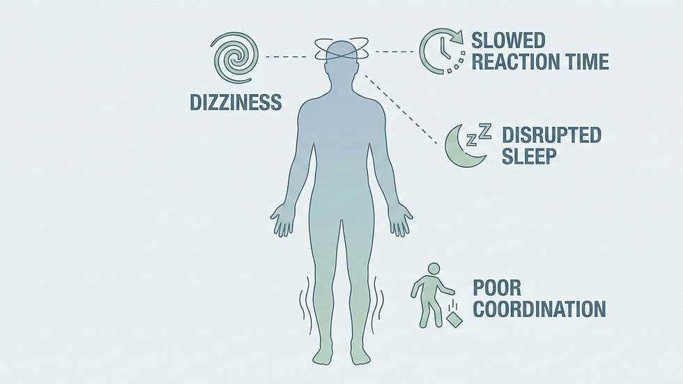Silhouette of human with icons showing symptoms: dizziness, slowed reaction time, disrupted sleep, and poor coordination. Light background.