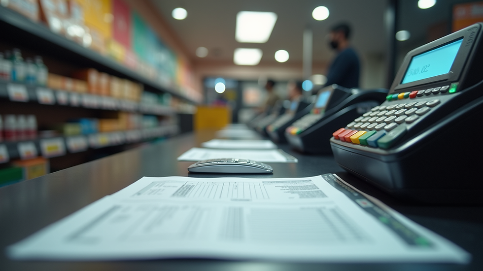 Eye-level view of a retail store's cash register with financial documents